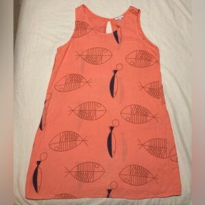 Vasna 100% Linen Fish Print Midi Dress in Peachy Salmon Color - Flawed